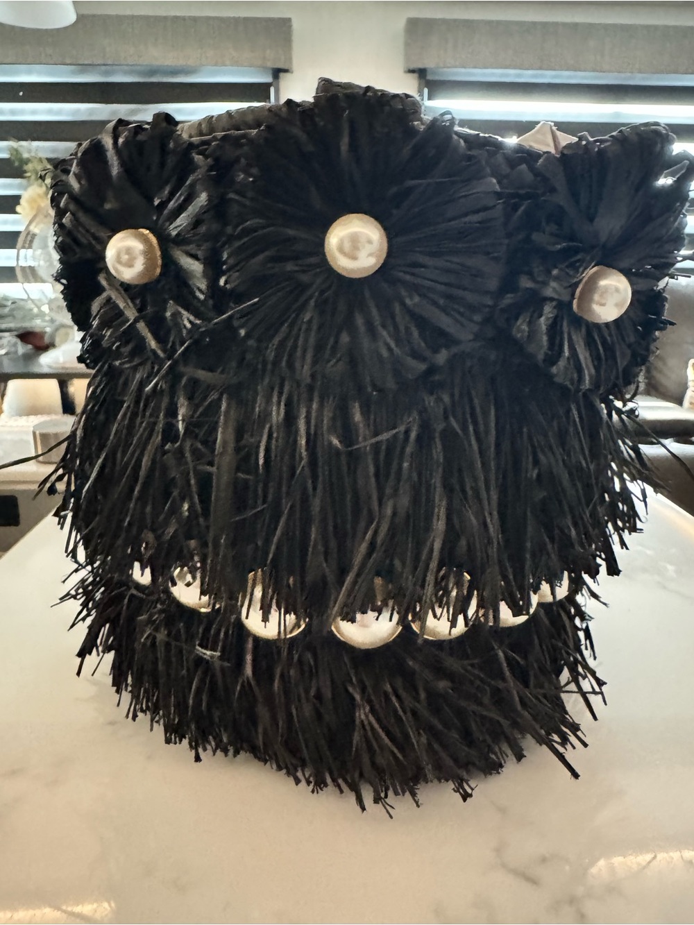 Black Decorative Fringe Accent Basket with Pearl Buttons